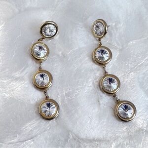 Vintage Long Dangly sparkle rhinestone cz earrings gold tone Bridal pierced